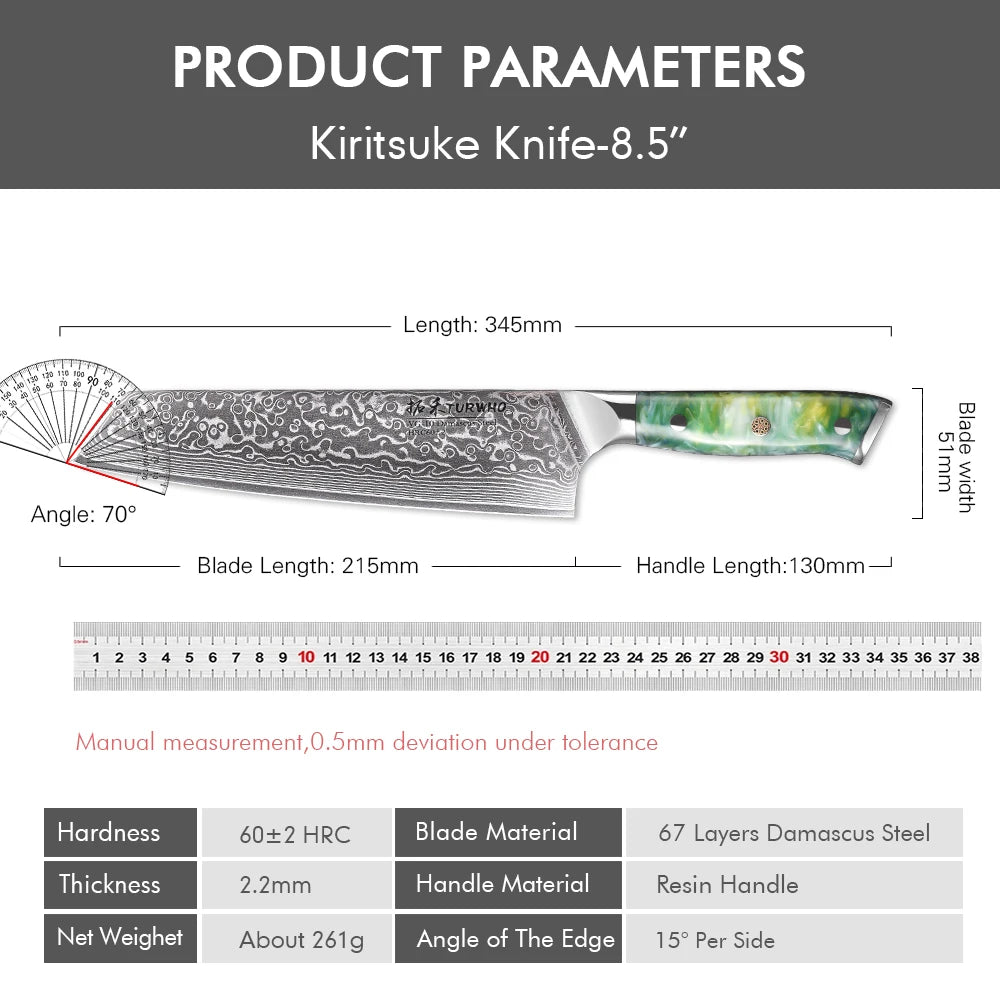 Kiritsuke Knife 210mm – VG10 Damascus Steel, Resin Handle