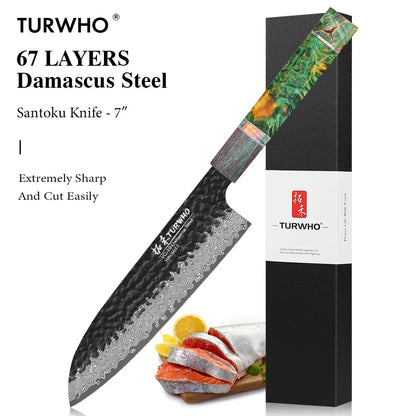 Santoku Knife 180mm – Hand-Forged 67-Layer Damascus Steel, Japanese All-Purpose Knife
