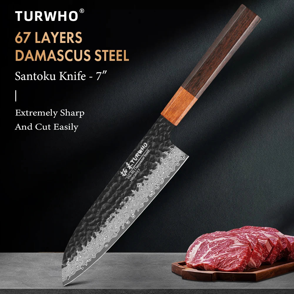 Santoku Knife 180mm – Hand-Forged Japanese Damascus Steel, Versatile Slicing Utility