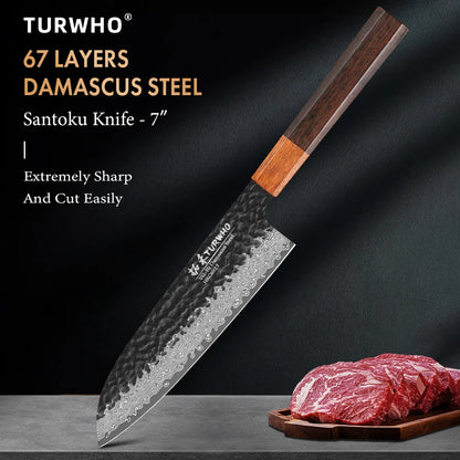 Santoku Knife 180mm – Hand-Forged Japanese Damascus Steel, Versatile Slicing Utility