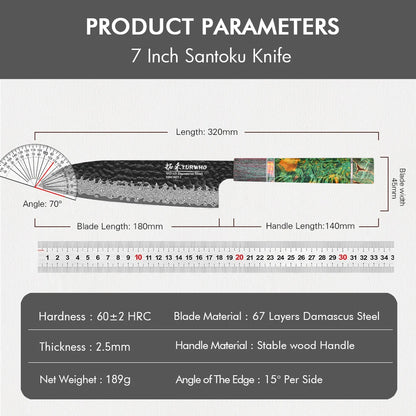 Santoku Knife 180mm – Hand-Forged 67-Layer Damascus Steel, Japanese All-Purpose Knife