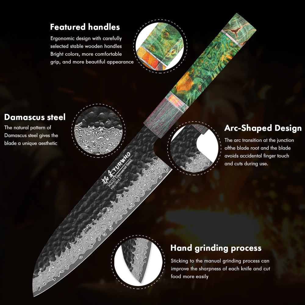 Santoku Knife 180mm – Hand-Forged 67-Layer Damascus Steel, Japanese All-Purpose Knife