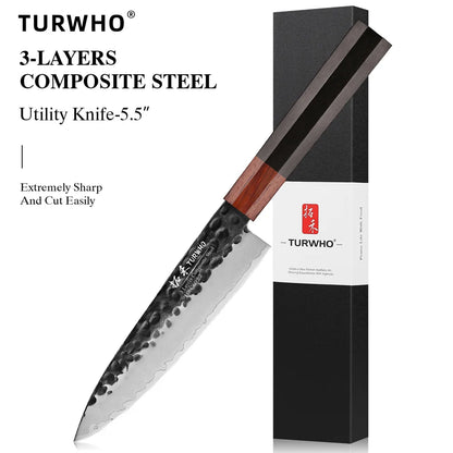 Utility Knife 140mm – Hand-Forged 3-Layer Composite Steel, Paring & Prep Knife