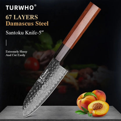 Santoku Knife 125mm – Handmade Damascus Steel, Octagonal Handle, Japanese Utility Knife
