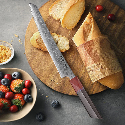 Serrated Bread Knife 215mm – Hand-Forged Damascus Steel, Ideal for Bread, Toast & Cake
